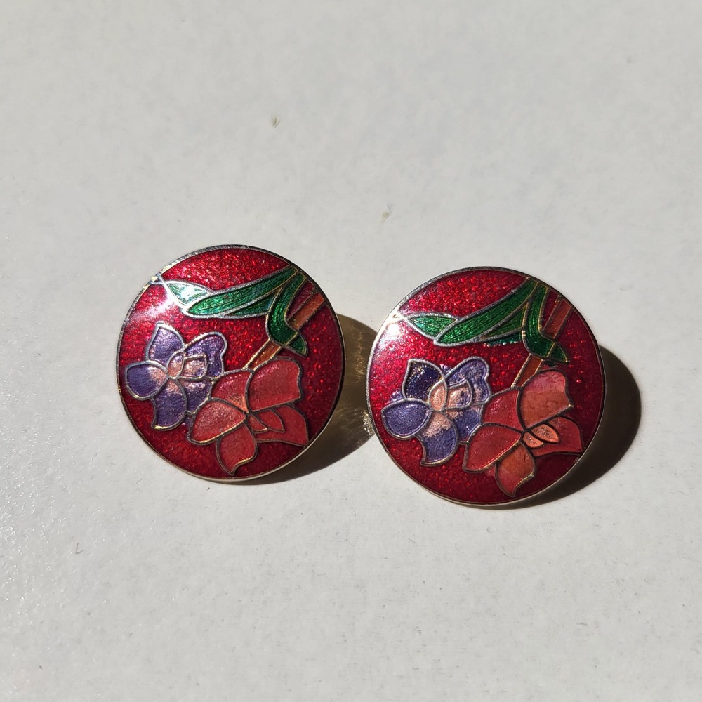 Vintage Cloisonne Enamel Floral Clip On Earrings Red Gold Tone